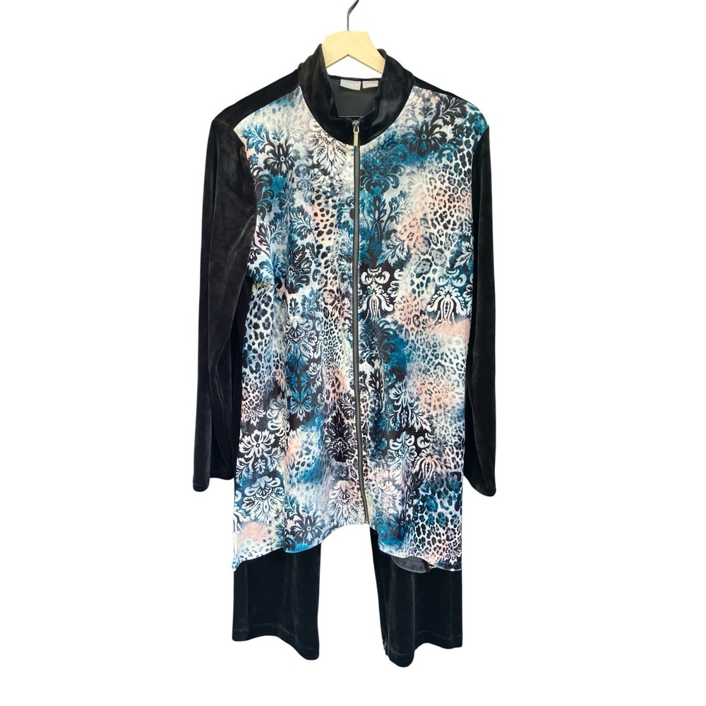 Chico's Zenergy Velour‎ 2 Pc Set Zip Tunic Jacket Sz 2 Pants Sz 1 Leopard Damask